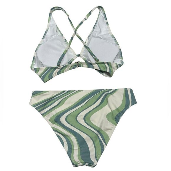 Shade & Shore Triangle Bikini Green Blue Cream Wavy Stripes Two Piece Swimsuit - Picture 2 of 4